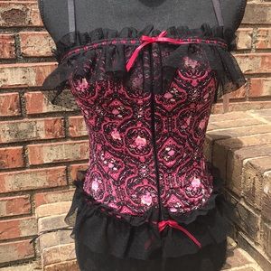 🚨B2G1 New SOPHIE B. Valentine Pink Red Rose Floral Lace Bustier with Ribbons